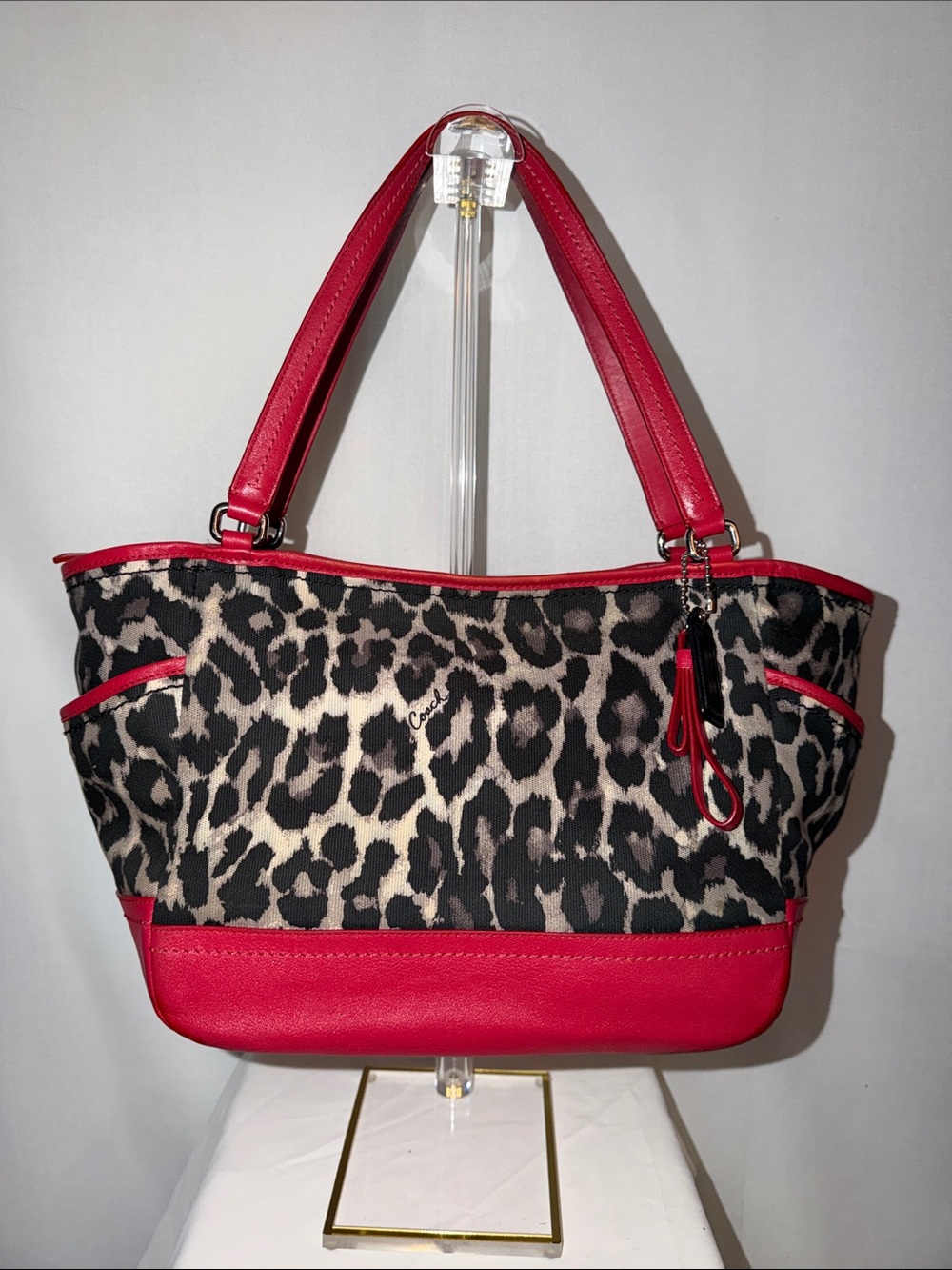 Coach Carrie Tote in Park Ocelot Print Canvas & Red Leather Trim F23278
